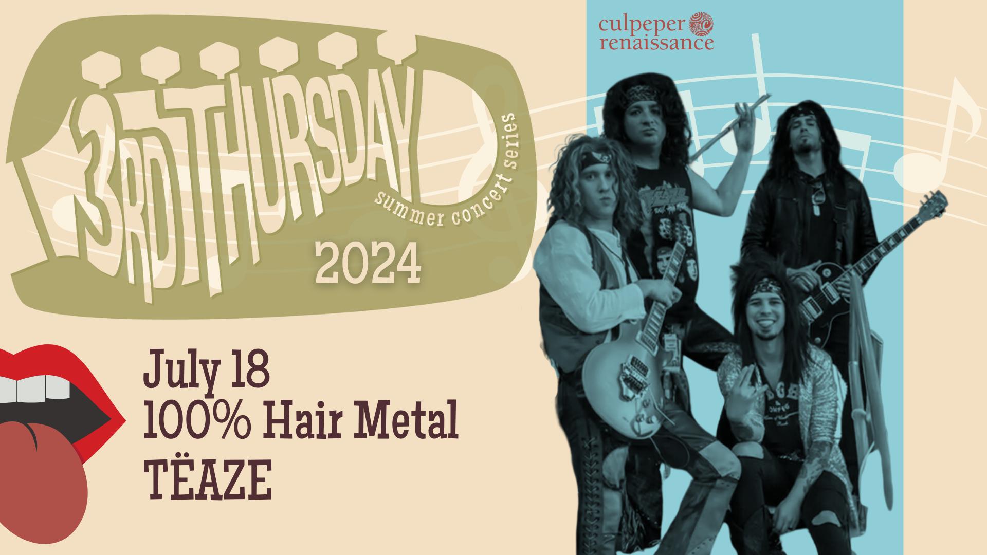 A poster for the "3rd Thursday Summer Concert Series 2024" featuring the band TËAZE, described as "100% Hair Metal." The event is on July 18. An illustration of a rock band with bold hairstyles and guitars is included. The poster features a retro design with music notes.