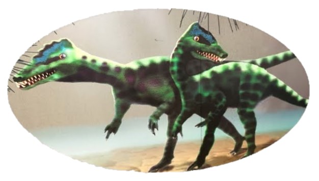 Illustration of two green and black striped dinosaurs with sharp teeth, walking on a sandy terrain under a partly cloudy sky. The "Dino Walk" showcases the dinosaurs moving in the same direction, with one slightly ahead of the other.