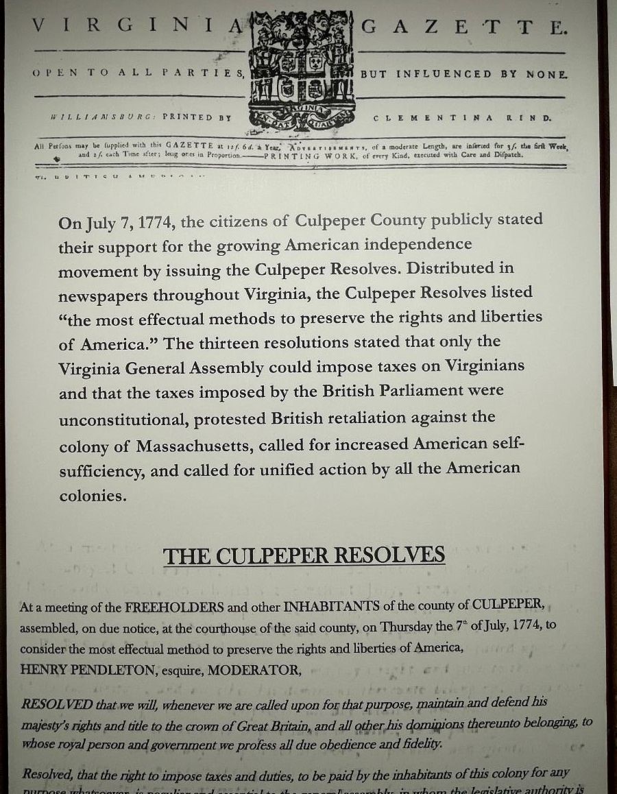 A historical document titled "Virginia Gazette" from July 7, 1774, detailing the Culpeper County's support for American independence. This issue discusses the "Culpeper Resolves," demanding rights and independence for American colonies, including the condemnation of British taxation—a key topic in our upcoming lecture series.
