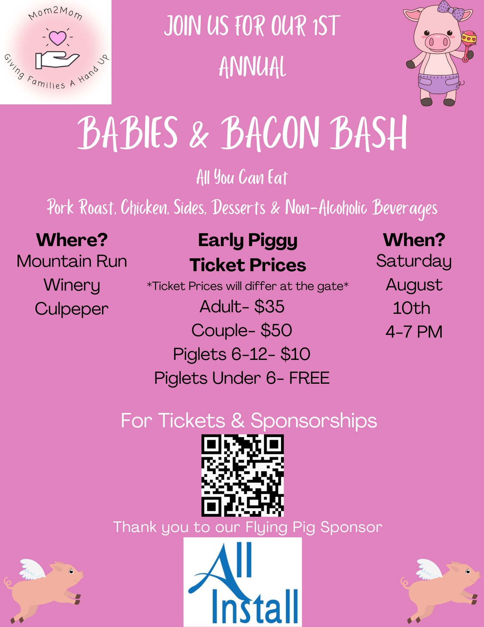A pink flyer advertising the "Babies & Bacon Bash," hosted by an organization called Mom2Mom, at Mountain Run Winery, Culpeper, on Saturday, August 10th from 4-7 PM. The event features all-you-can-eat food and non-alcoholic beverages. A QR code and sponsor logo included.