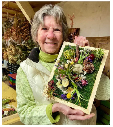 woman hold a frame with live moss and air plants