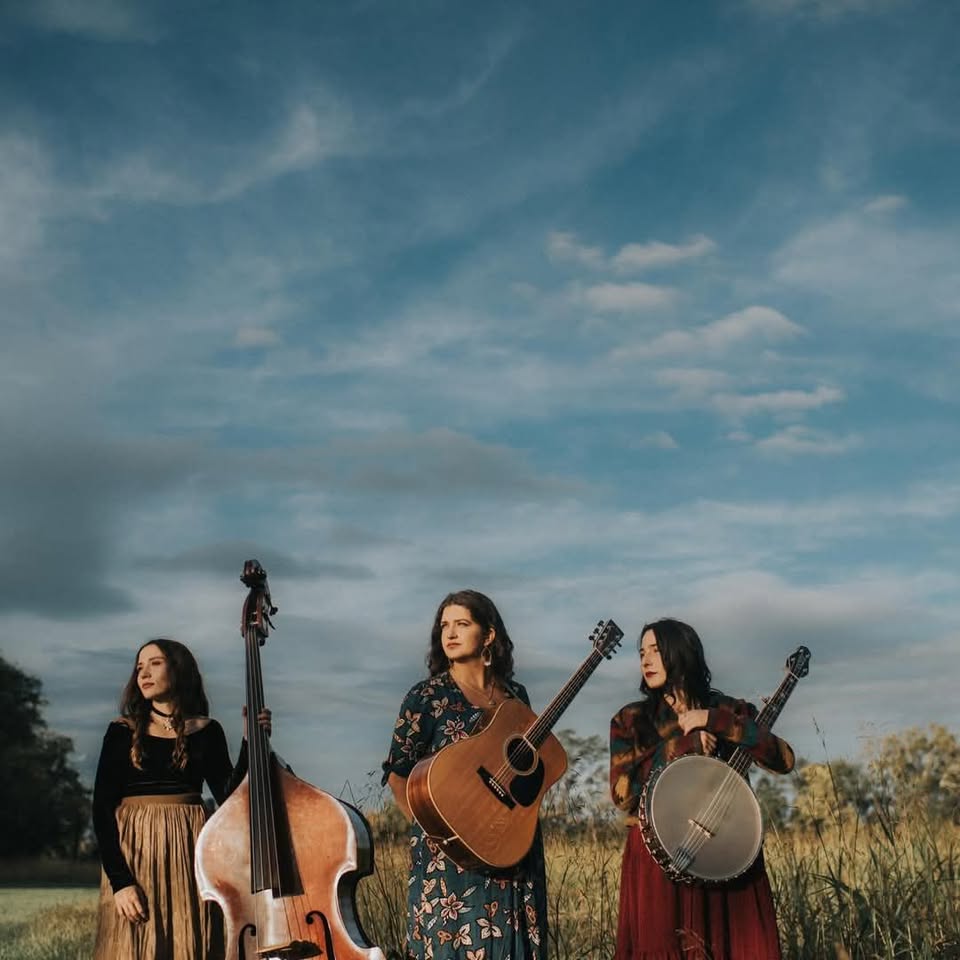 image of the Fly Birds band with instruments., standing in a field