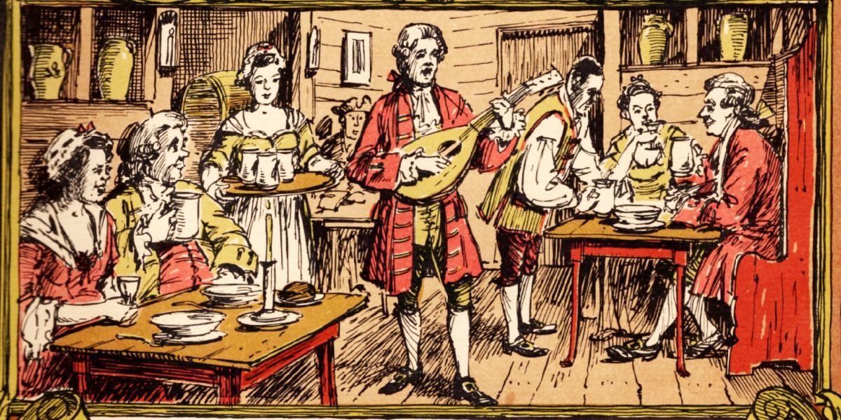 colored sketch of people in colonial attire dining