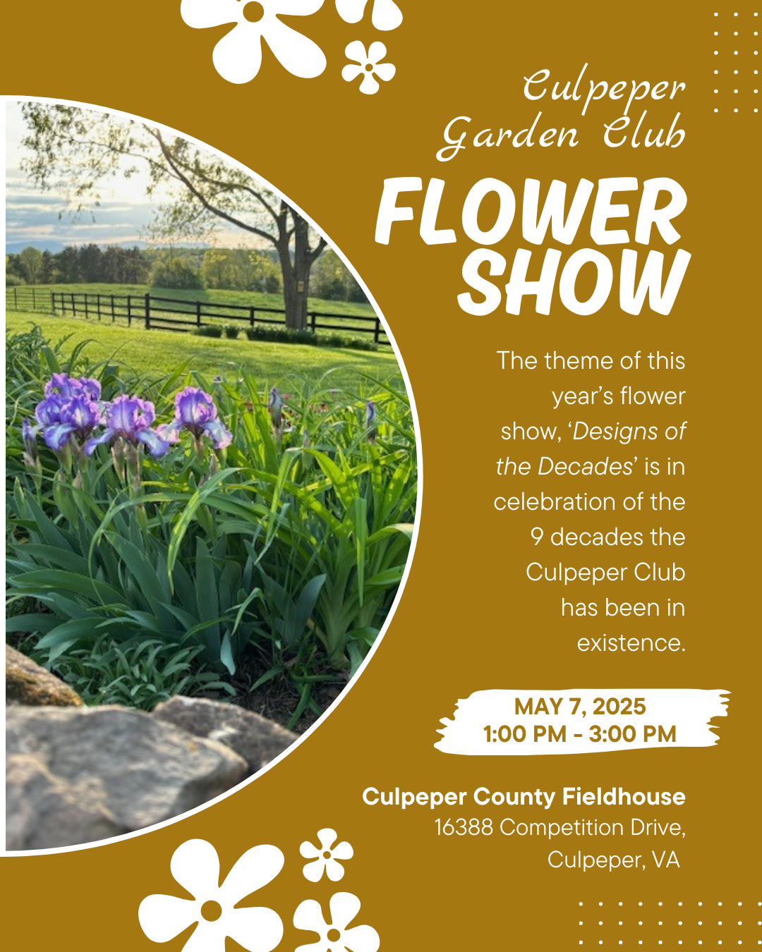 flower show flyer with image of purple iris's in a field