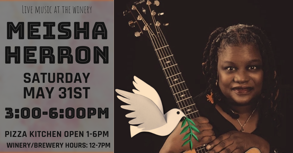 event flyer with Meisha Herron pictured with a guitar and dove
