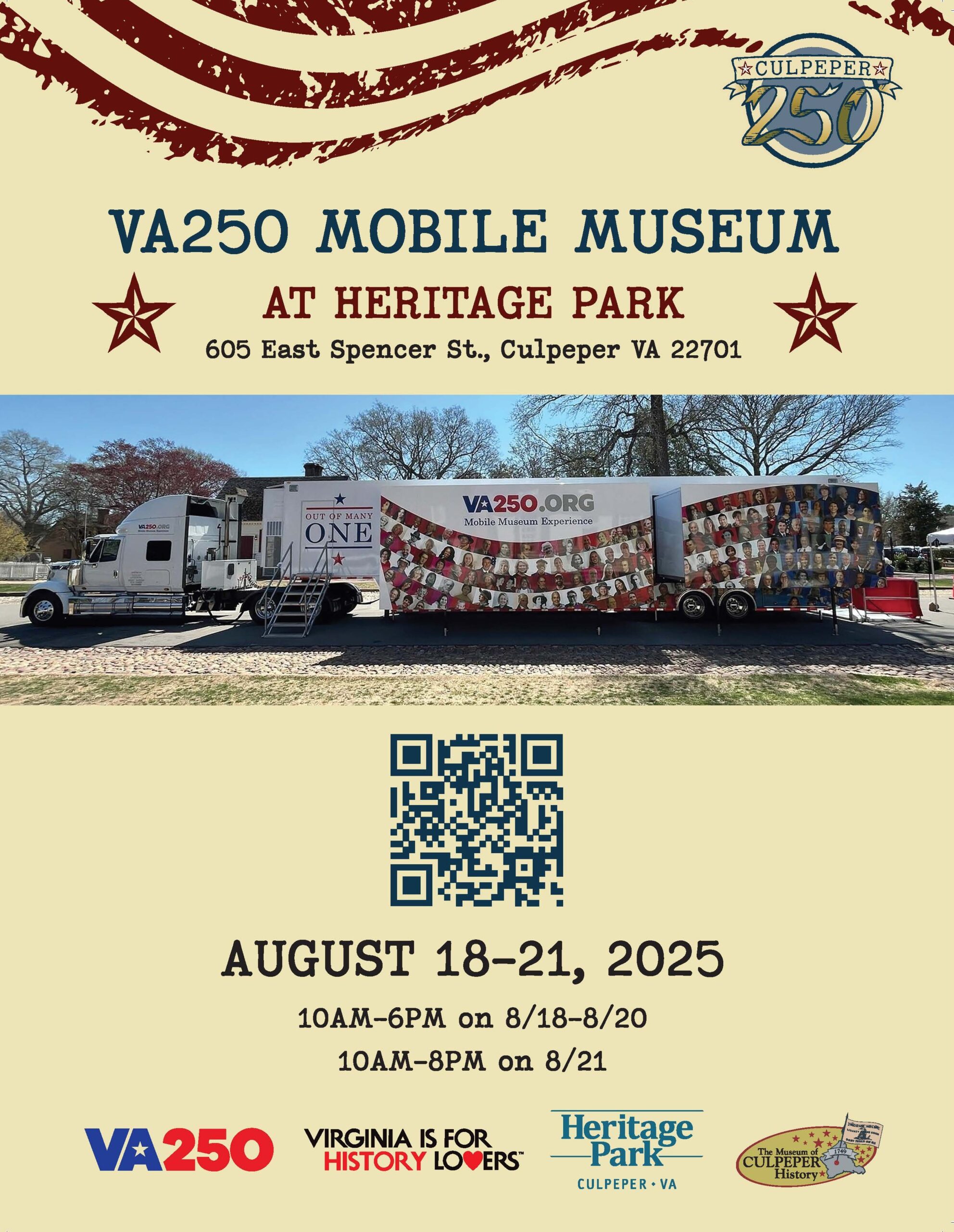 VA250 Mobile Museum at Heritage Park event flyer